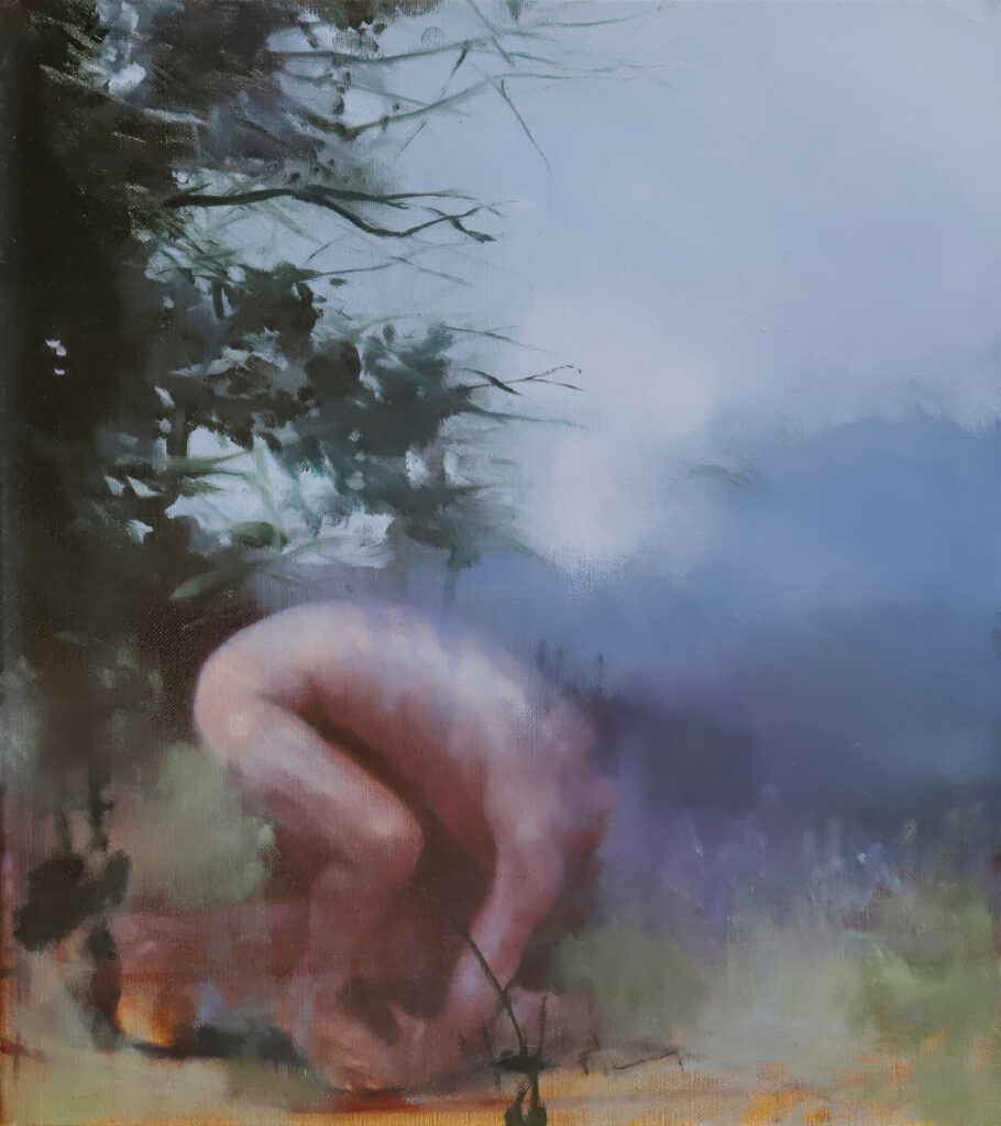 Lubomir Hnatovic, Landschaft mit Figur, 2025, Öl auf Leinwand, 45 x 40 cm, Foto: Lubomir Hnatovic