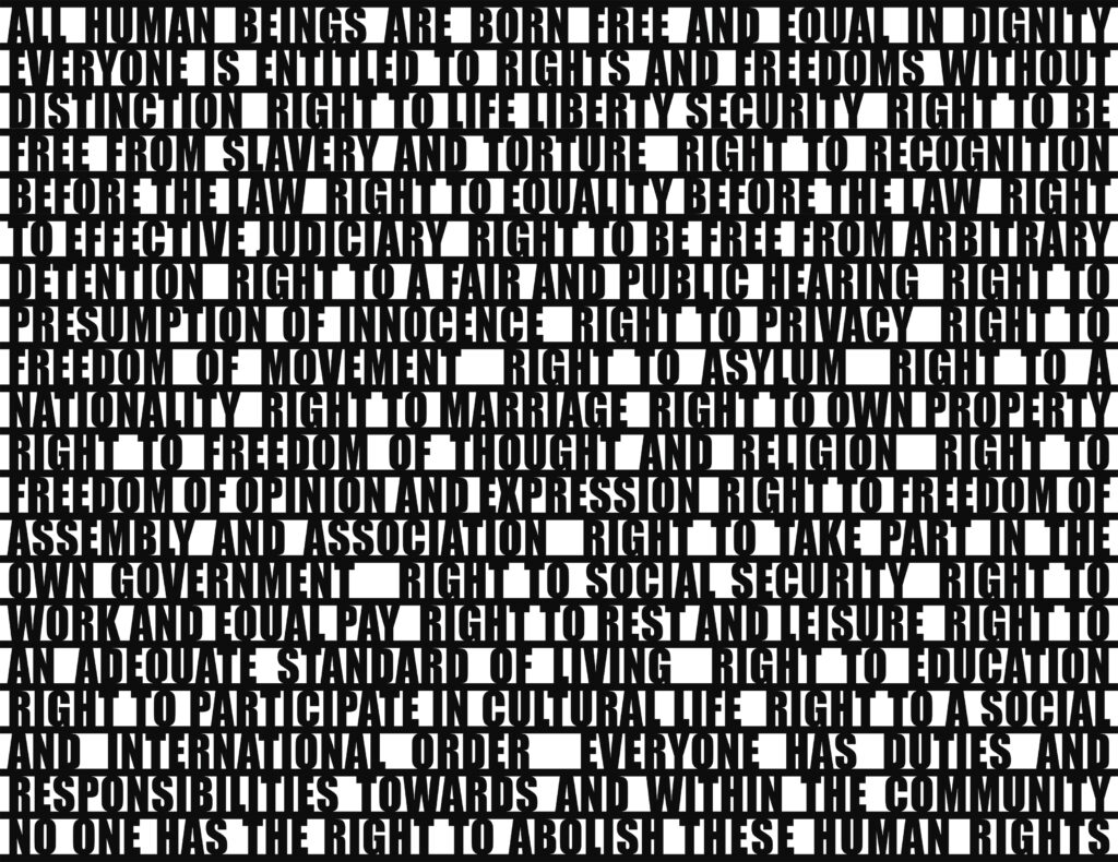 Melitta Moschik, HUMAN RIGHTS, 2026, Schriftbild, UV-Print auf Alu-Dibond, 92 x 120 cm, Foto: Melitta Moschik