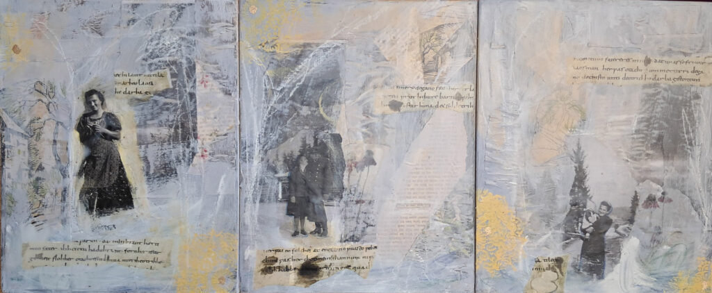 Martina Kircher, Schwach werden, 2026, Collage und Enkaustik auf Holz, Triptychon, gesamt 32 x 80 cm