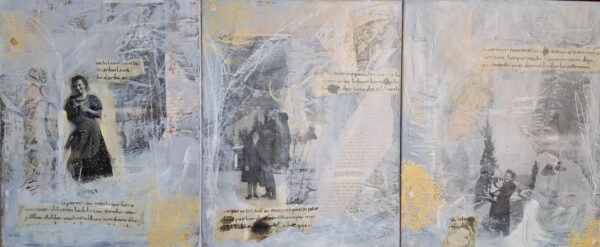 Martina Kircher, Schwach werden, 2026, Collage und Enkaustik auf Holz, Triptychon, gesamt 32 x 70 cm