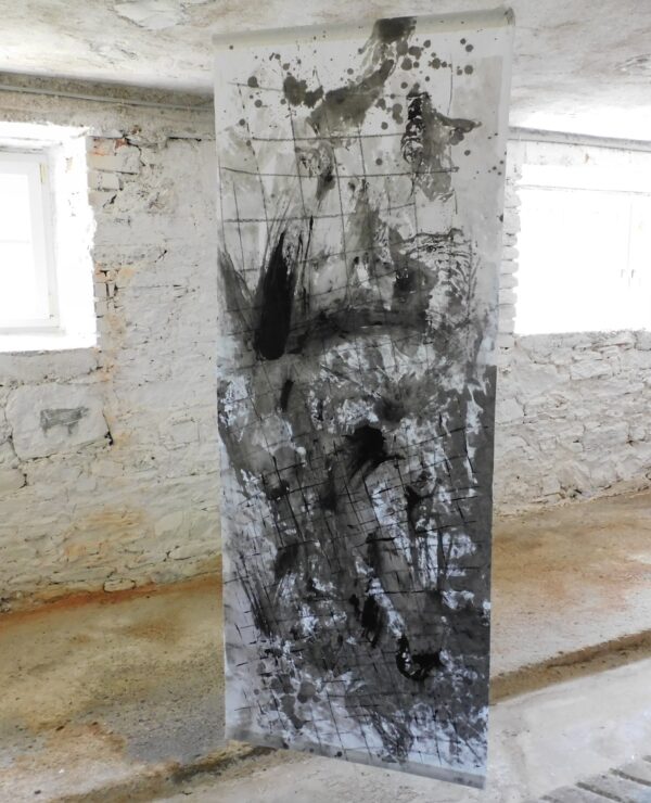 Wolfgang Daborer, Ausbrechen | Zurückhalten, 2026, Mischtechnik auf Leinwand, 200 × 78 cm, Foto: © Galerie Muh