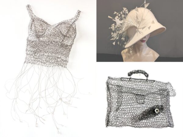 Ruth Wegerer, „Female Poesie“, 2014, Bouillondrahteffekt gehäkelt, Foto: Helmut Mitter; Danica Beyll, „Weißer Schwan“, 2024, Merinofilz, Gänsefedern; Elfriede Maria Klepoch, „Aktentasche mit Fisch“, 2026, geglühter Eisendraht, Tasche 40 x 40 x 10 cm, Fisch 24 cm, Foto: Klepoch