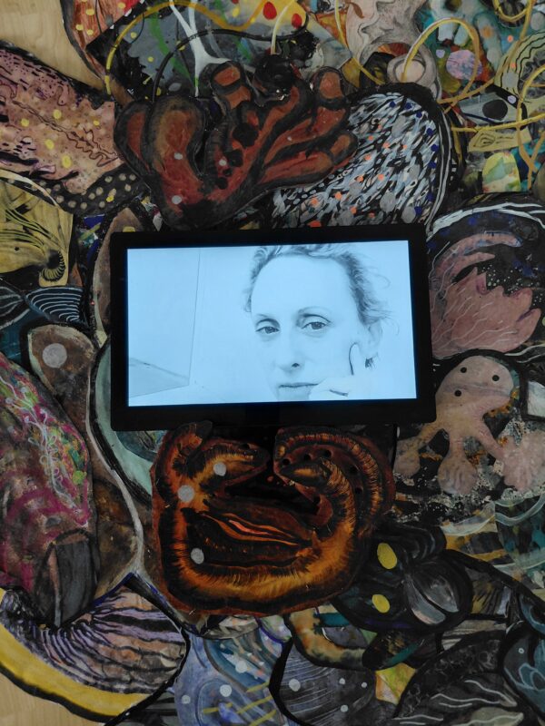 Rosa Roedelius, Drama (Detail), 2026, Installation aus Papierarbeit, Monitor und Video, 75 x 105 cm