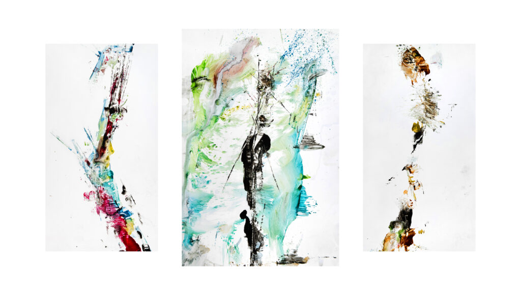 Gabriela Jost, Brechungen 1–3, 2026, Aquarell auf Acrylglas, hinterdruckt mit Weißdruck, 70 x 38 cm, 80 x 53 cm