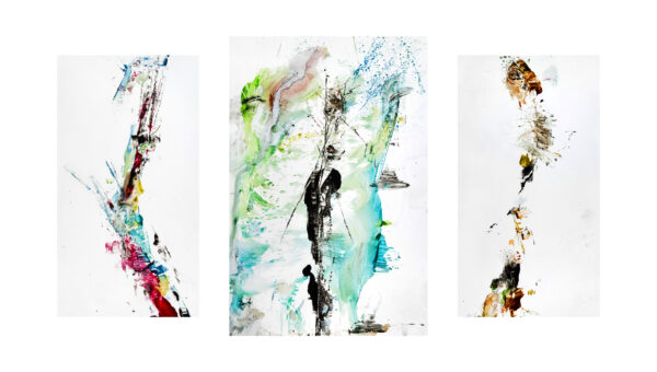 Gabriela Jost, Brechungen 1–3, 2026, Aquarell auf Acrylglas, hinterdruckt mit Weißdruck, 70 x 38 cm, 80 x 53 cm