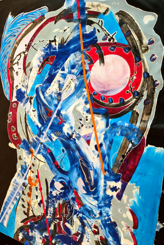 Larissa Tomassetti, GO leaving the Earth (aus der Serie: GrowingOut), 2026, Mischtechnik auf Leinwand, 320 × 210 cm
