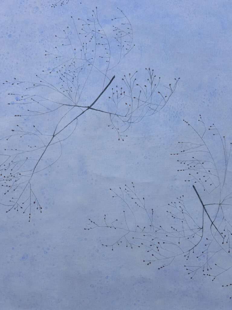 JACOPYI, the seeds and hopes. pale blue. (Detail), 2024/26, Mixed Media auf Leinwand, mehrteilig, gesamt ca. 100 x 100 cm, Foto: Luise Kloos