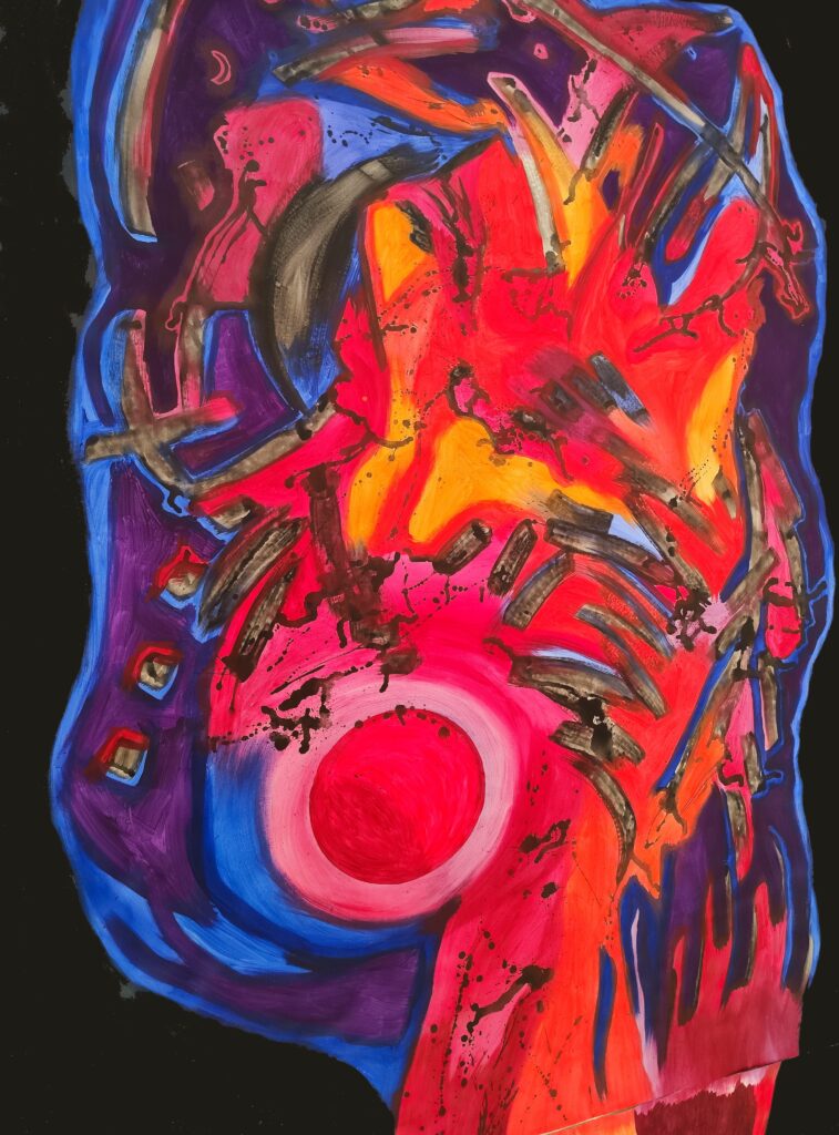 Larissa Tomassetti, GO coming to Earth (aus der Serie: GrowingOut), 2026, Mischtechnik auf Leinwand, 320 x 210 cm
