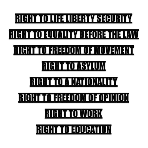 Melitta Moschik, HUMAN RIGHT Art. 3│Art.7│Art. 13│Art. 14│Art. 15│Art. 19│Art. 23│Art. 26, 2026, © Melitta Moschik / Bildrecht, Wien 2026