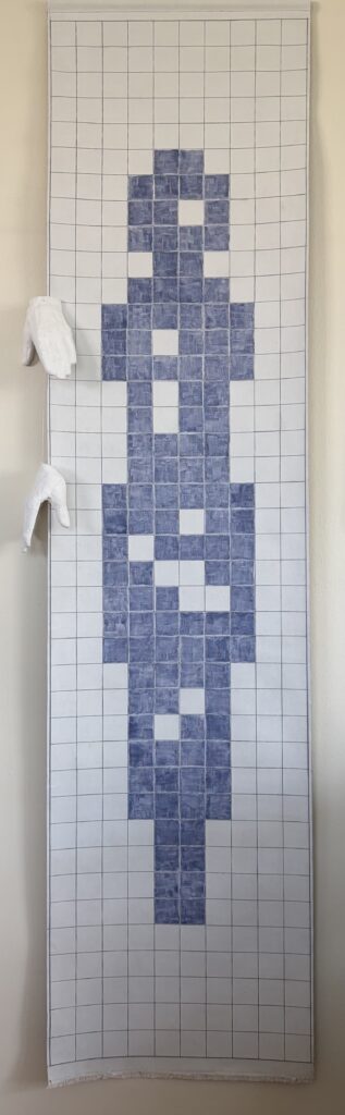 Ingrid Pazelt, NOLI ME TANGERE, 2026, Acryl auf Leinwand, Gips, Alurohr, 210 x 50 cm