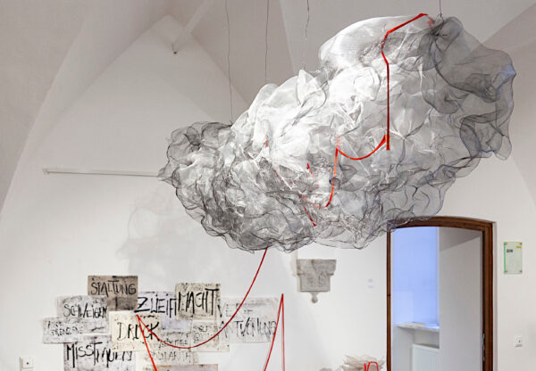 Inge Lasser, Demokratie (Detail), 2026, Mixed Media, Größe variabel, Rauminstallation im Dinzlschloss, Villach, Foto: Katharina Acht