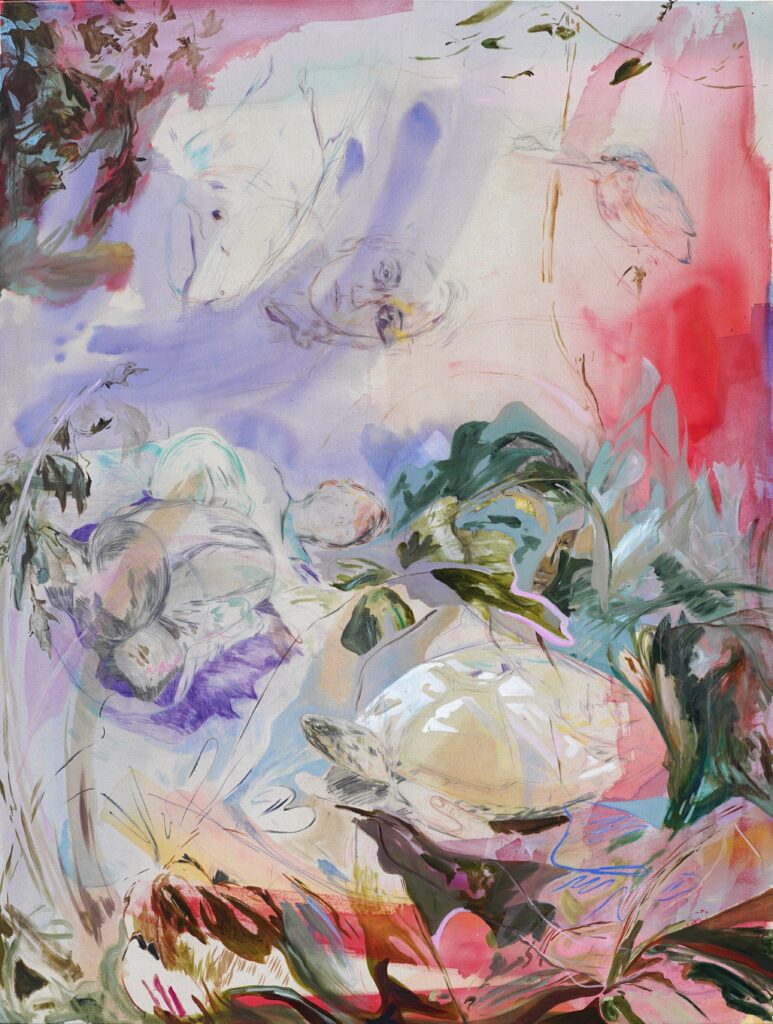 Elisabeth Wedenig, Sie fand meine Spiegelung im Gesicht des Flusses, 2025, Öl, Acryl und Farbstift auf Leinwand, 250 x 185 cm